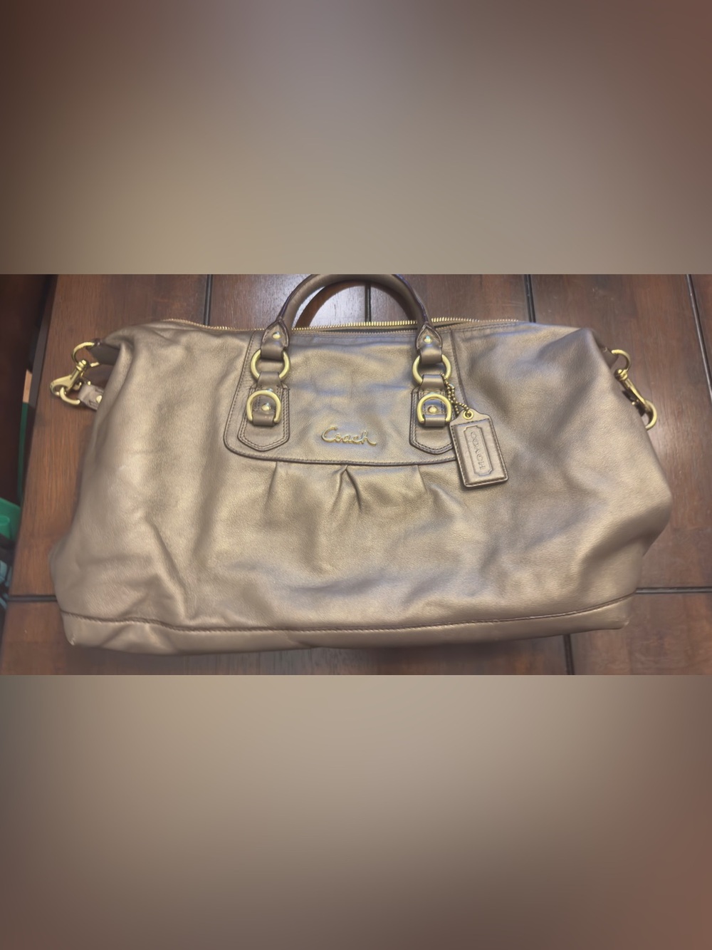 Coach Leather Satchel in Metallic Taupe with Gold Hardware